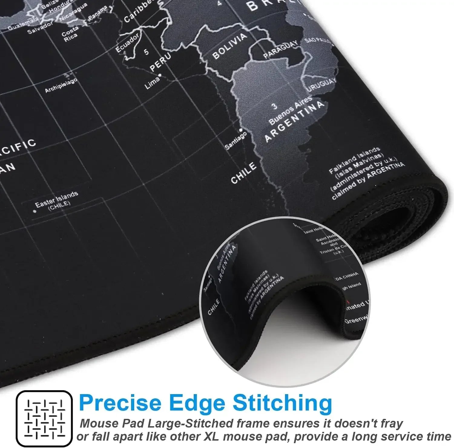 Black map-themed mouse pad with detailed stitching and a close-up of the edge on a white background.