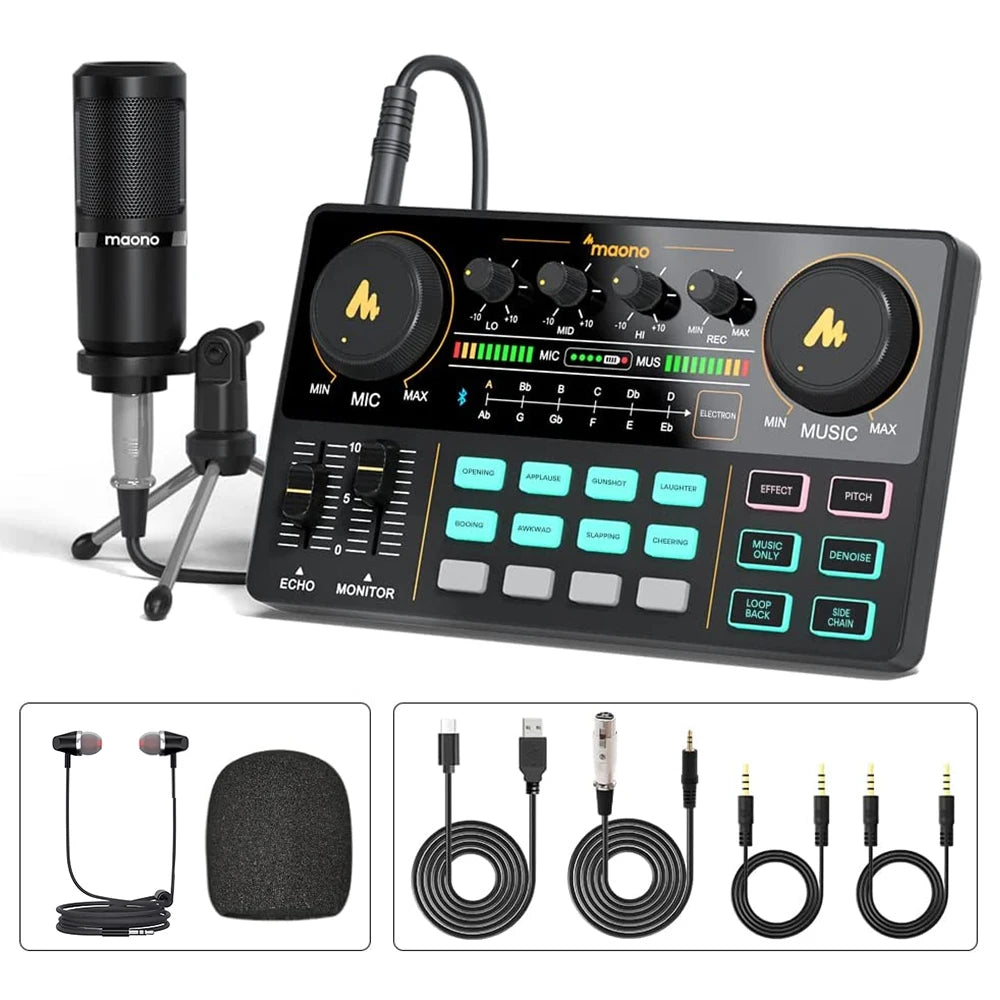 Audio recording setup with microphone, control panel, earphones, and cables on a white background.