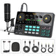 Audio recording setup with microphone, control panel, earphones, and cables on a white background.
