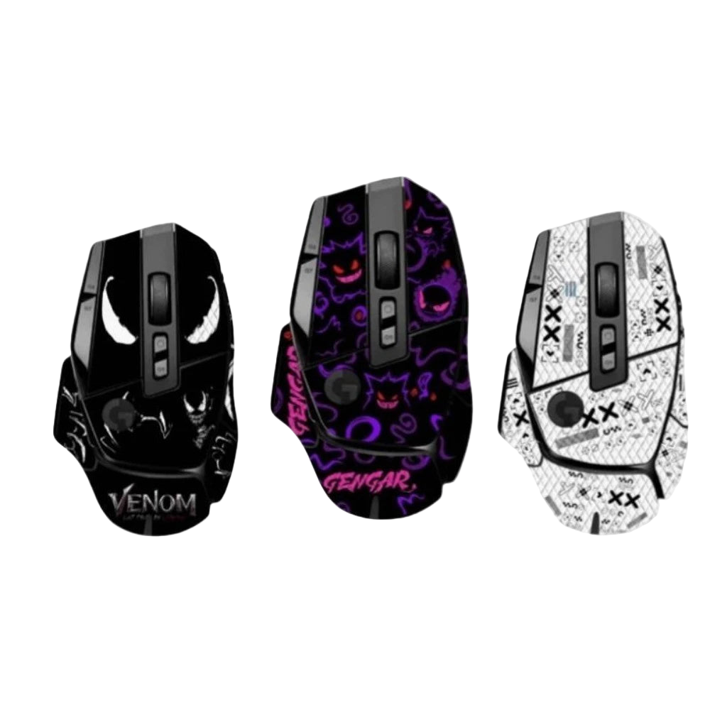 Three gaming mice with different designs and a promotional banner for G502x Mouse Anti-slip Sticker.
