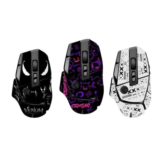 Three gaming mice with different designs and a promotional banner for G502x Mouse Anti-slip Sticker.