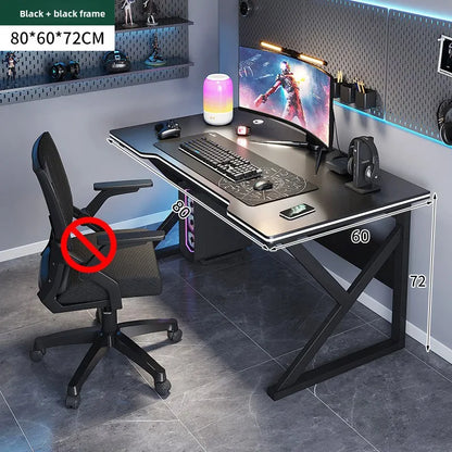 Gaming desk setup with a chair labeled 'No' on a gray floor.