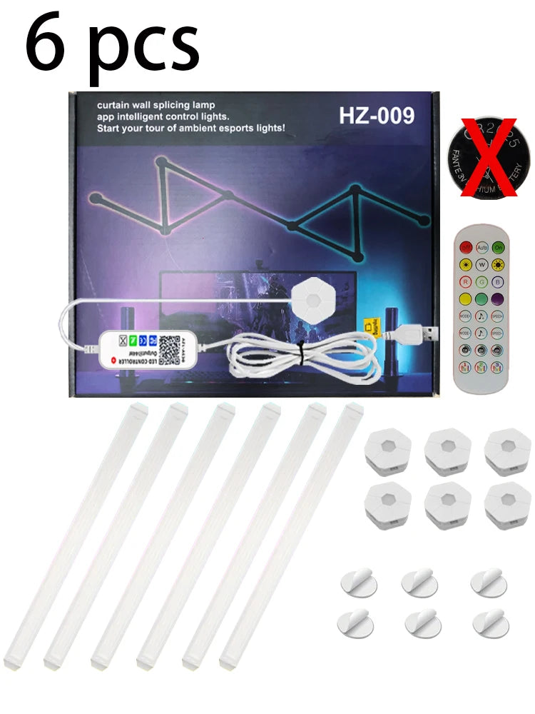 Set of LED strip lights with mounting hardware and remote control on a white background