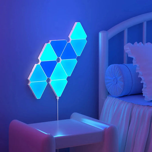 Geometric LED wall light in a room with a bed and chair.