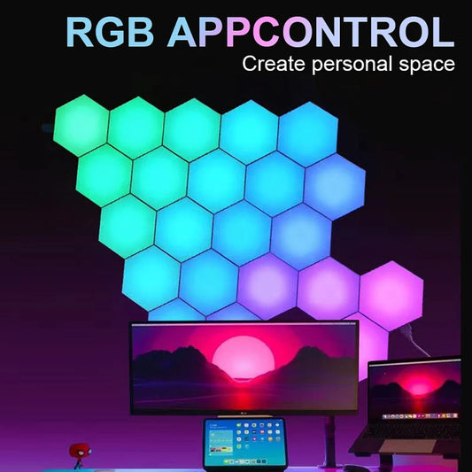RGB LED wall lights with app control feature, displaying colorful hexagonal panels.