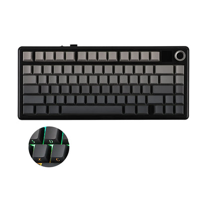 Mechanical keyboard with a close-up of keycaps on a white background