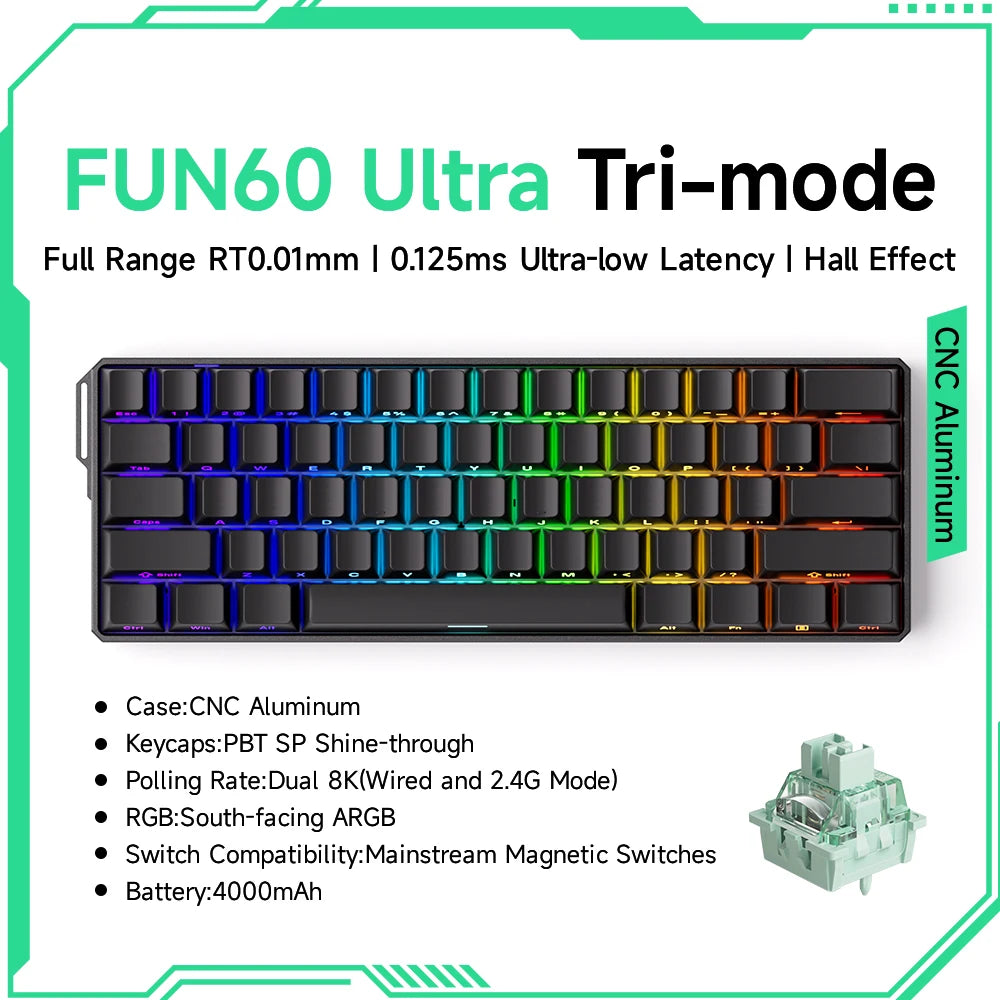 Mechanical keyboard with RGB lighting and technical specifications on a white background