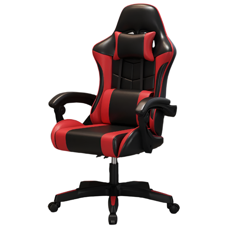 Black and red office chair in a home office setting with a desk and computer equipment.