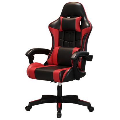 Black and red office chair in a home office setting with a desk and computer equipment.
