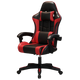 Black and red office chair in a home office setting with a desk and computer equipment.