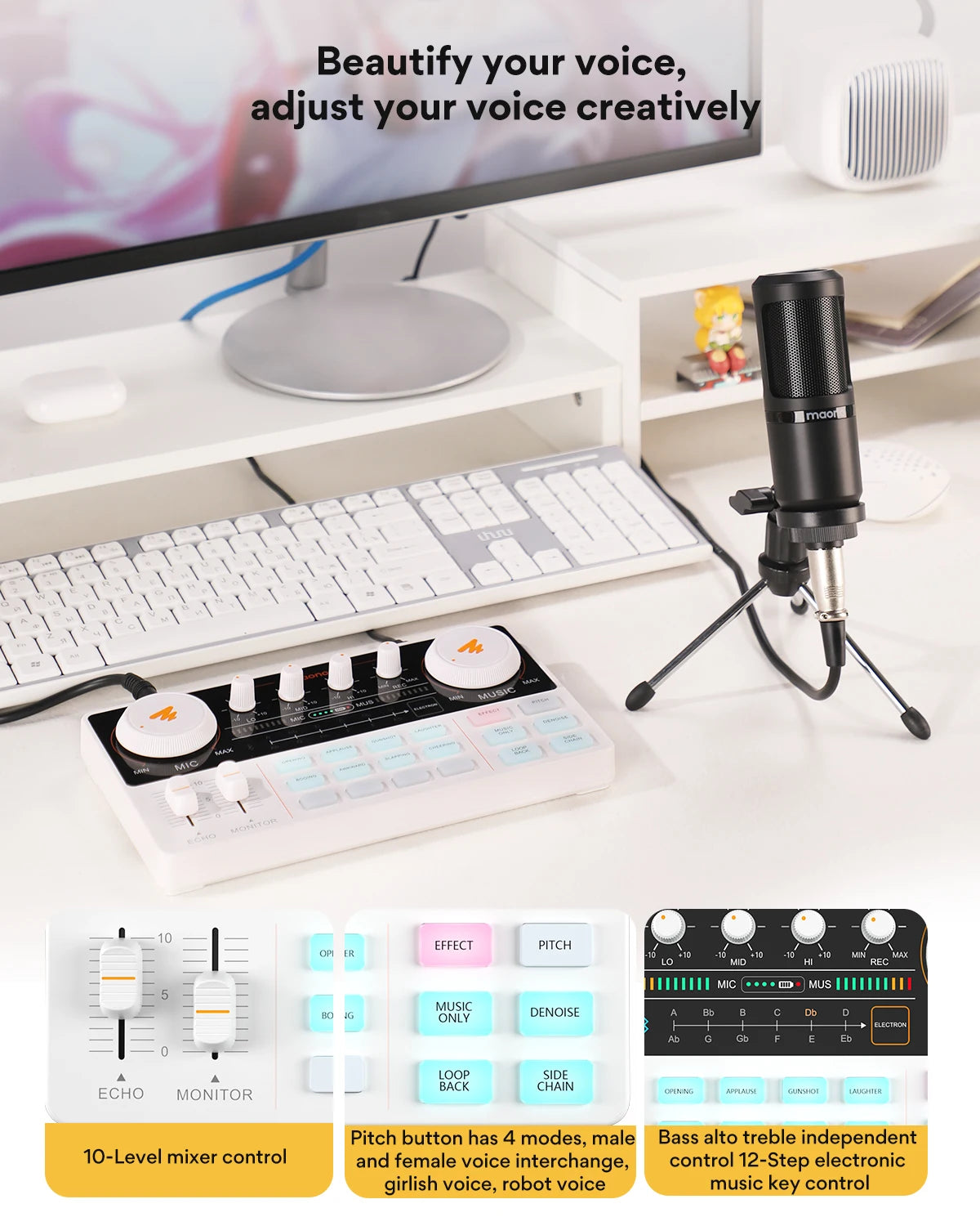 Microphone setup on a desk with computer equipment, featuring a mixer and control panel.