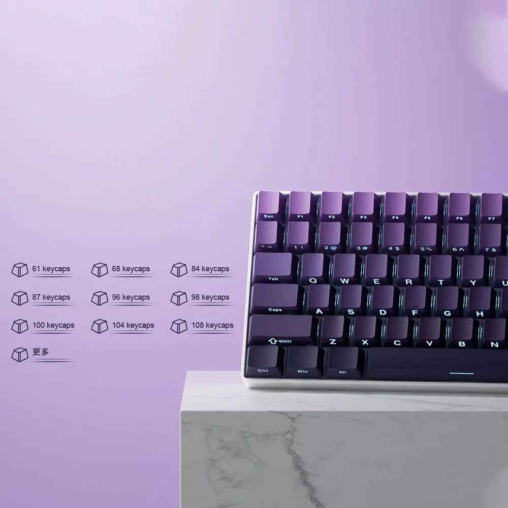 Mechanical keyboard with purple keycaps on a light purple background