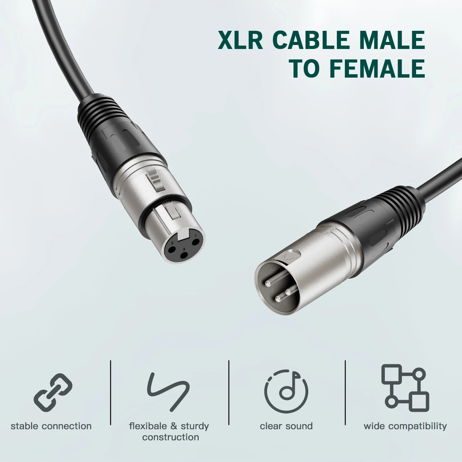 XLR cable with male and female connectors on a light blue background
