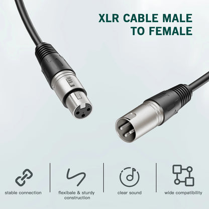 XLR cable with male and female connectors on a light blue background