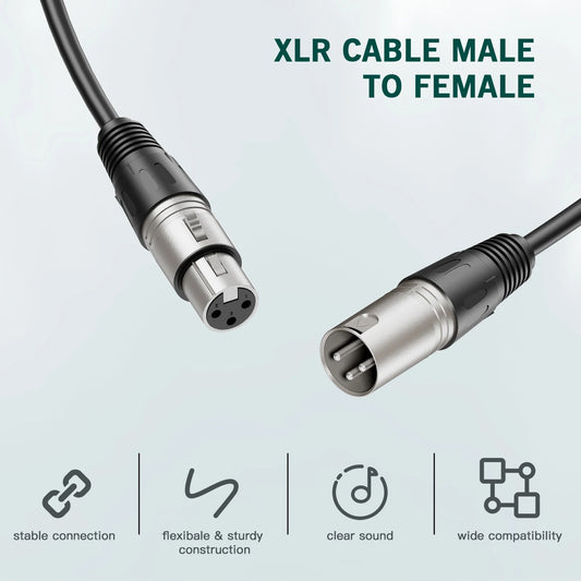 XLR cable with male and female connectors on a light blue background