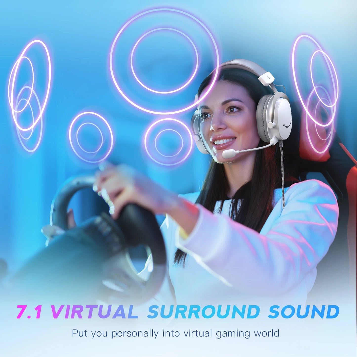Woman wearing a headset with 7.1 virtual surround sound text and graphics.