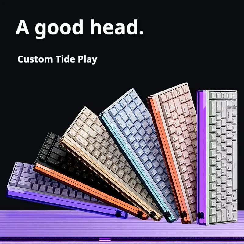 Set of colorful mechanical keyboards on a black background with 'Custom Tide Play' branding.