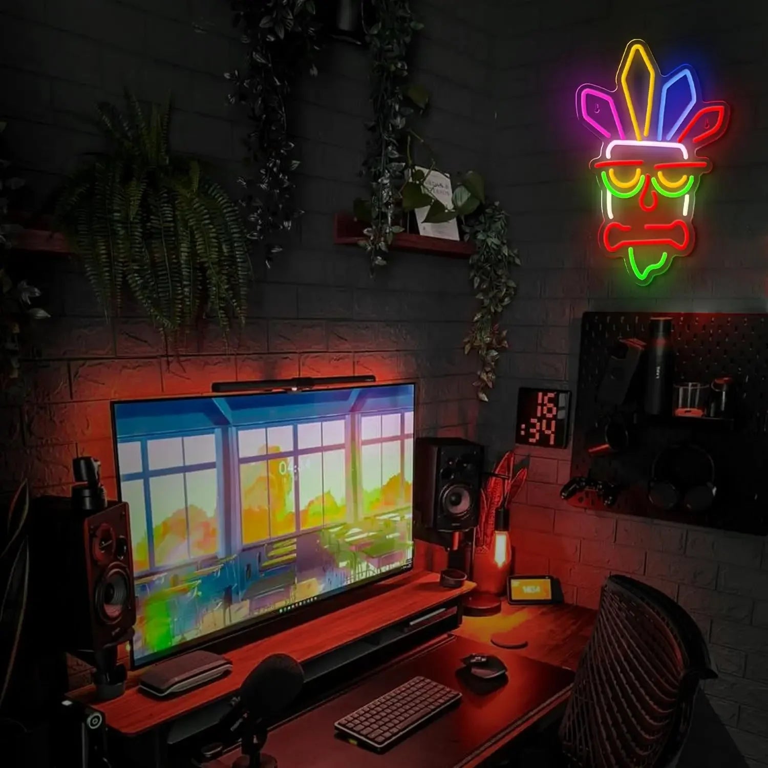 Neon mask light above a computer setup with a colorful screen on a dark wall.