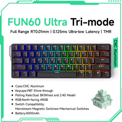 FUN60 Ultra Tri-mode keyboard with RGB backlighting on a white background