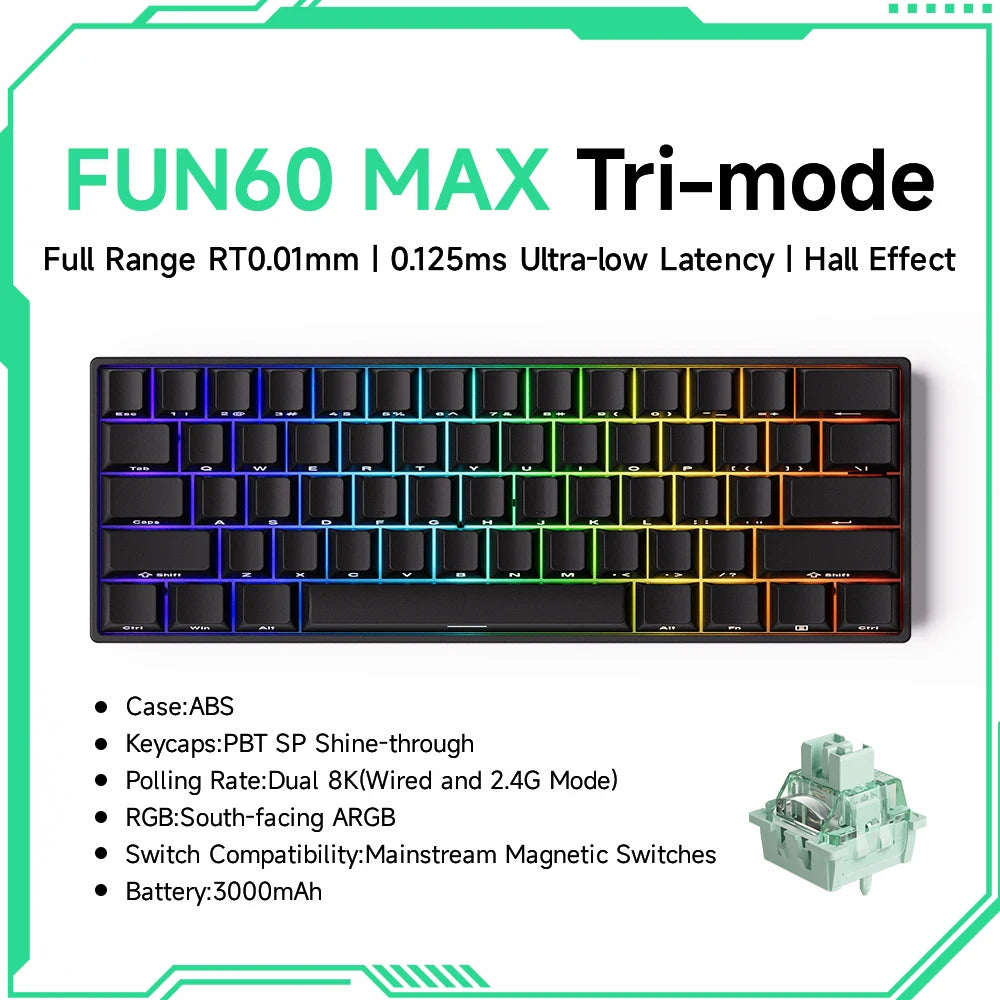 Gaming keyboard with RGB lighting and technical specifications on a white background