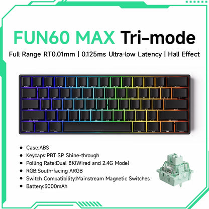Gaming keyboard with RGB lighting and technical specifications on a white background