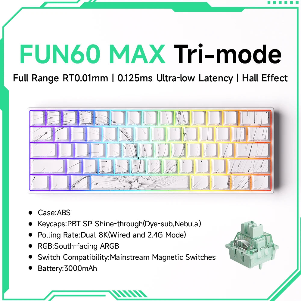 Keyboard with colorful keycaps and technical specifications on a white background