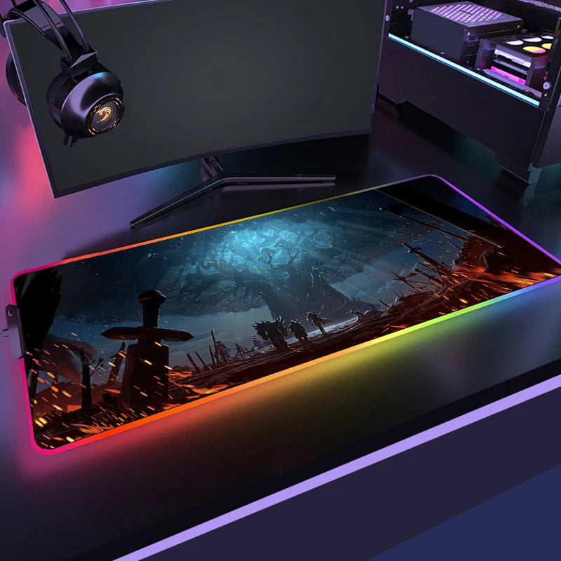 Gaming setup with monitor, keyboard, and mouse on a desk