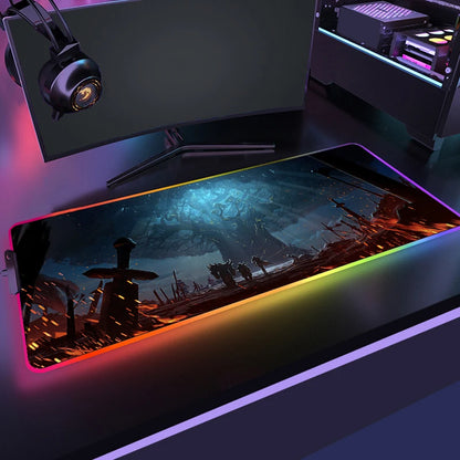 Gaming setup with monitor, keyboard, and mouse on a desk