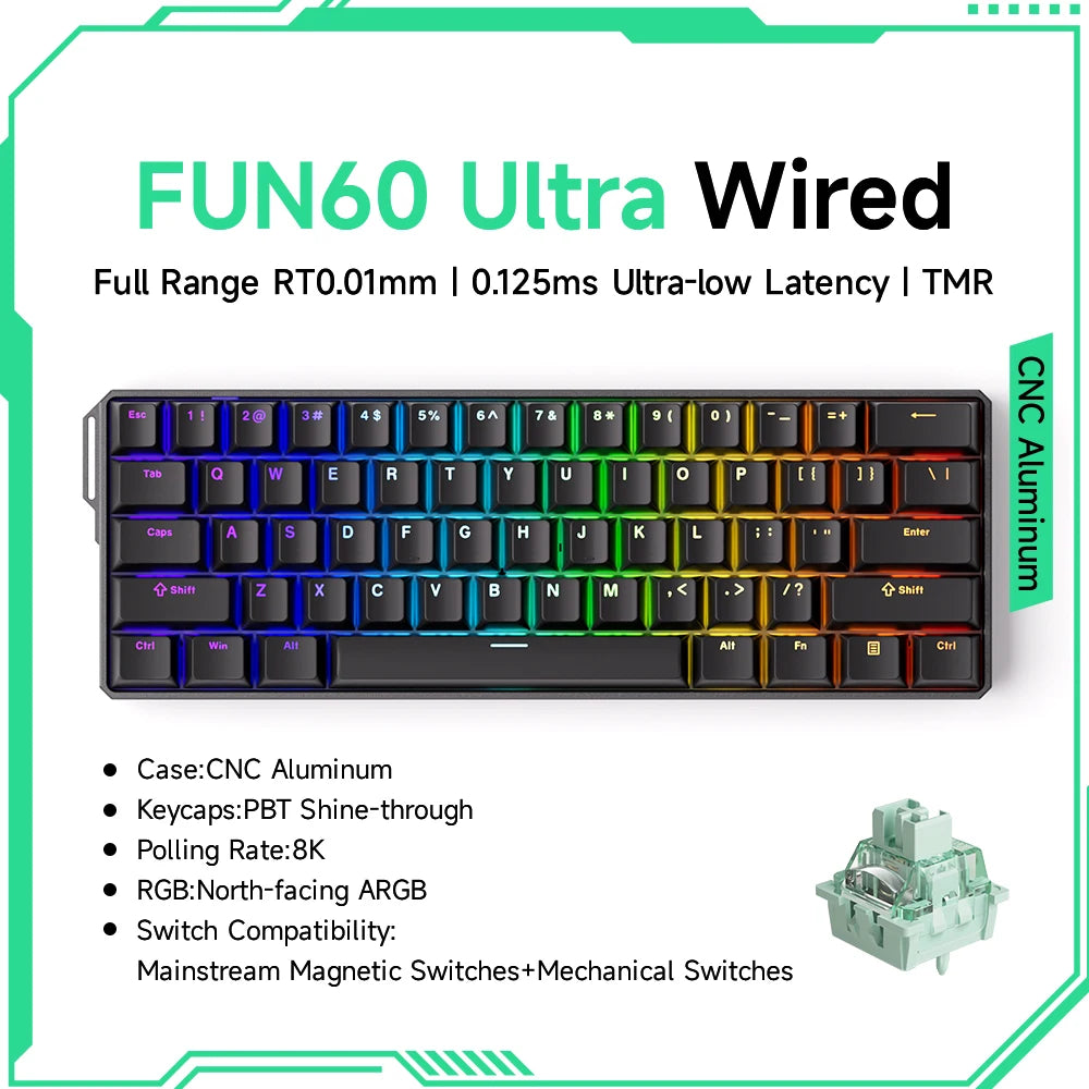 FUN60 Ultra Wired keyboard with RGB backlighting on a white background