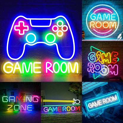 Collage of neon signs with 'Game Room' and gaming controller designs.