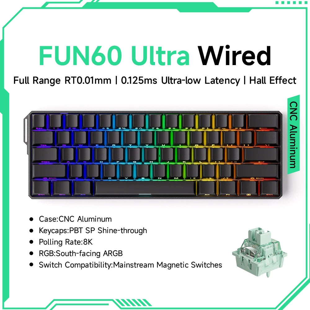 Mechanical keyboard with RGB lighting on a white background, featuring text about its specifications.