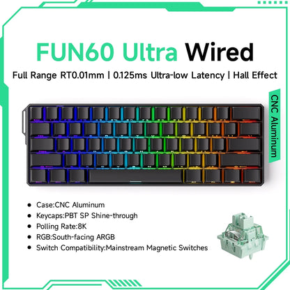 Mechanical keyboard with RGB lighting on a white background, featuring text about its specifications.