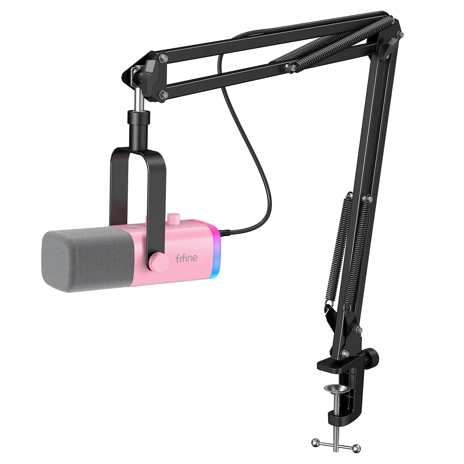 Pink microphone with a black adjustable arm on a white background