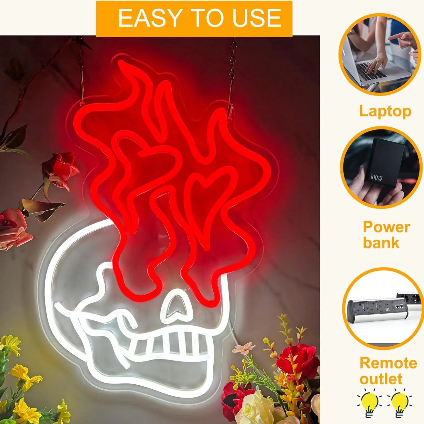 Neon sign of a skull with flames, surrounded by flowers, with text about power sources.