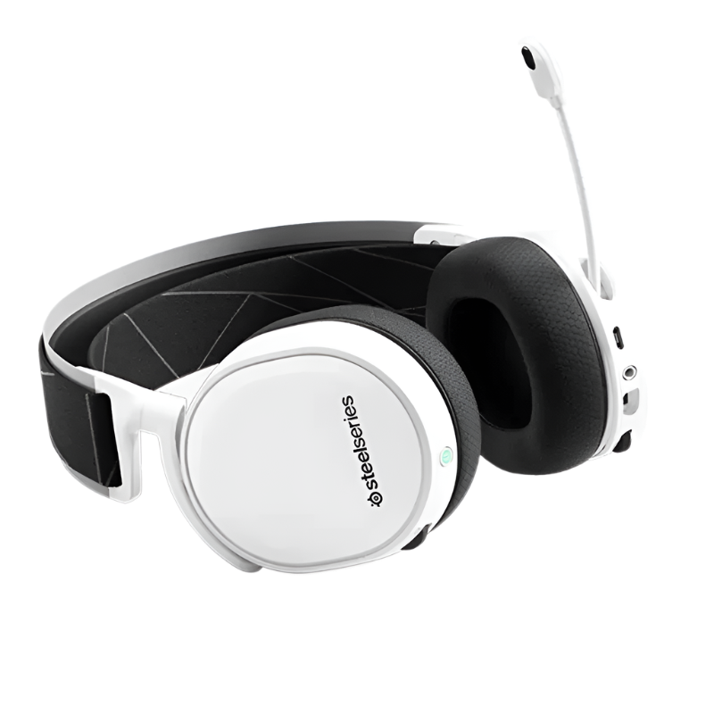 White gaming headset with black ear cushions on a white background