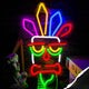 Neon sign of a tiki mask with colorful lights on a dark background