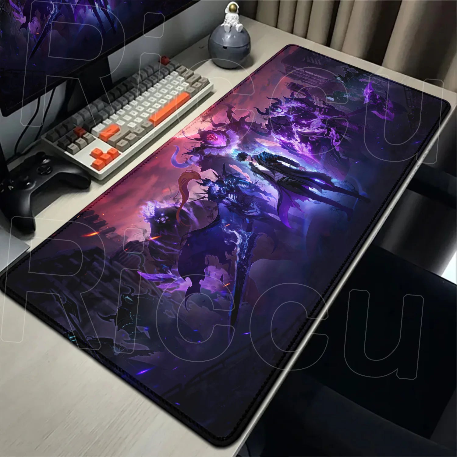 Gaming desk setup with a large mouse pad featuring anime-style artwork.
