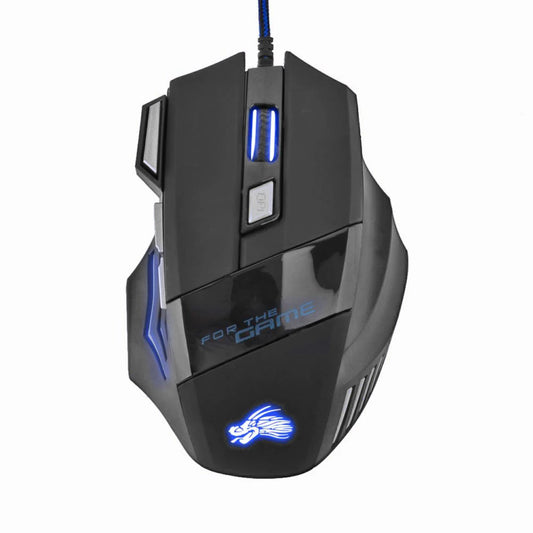 Black gaming mouse with blue lighting on a white background