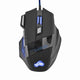 Black gaming mouse with blue lighting on a white background