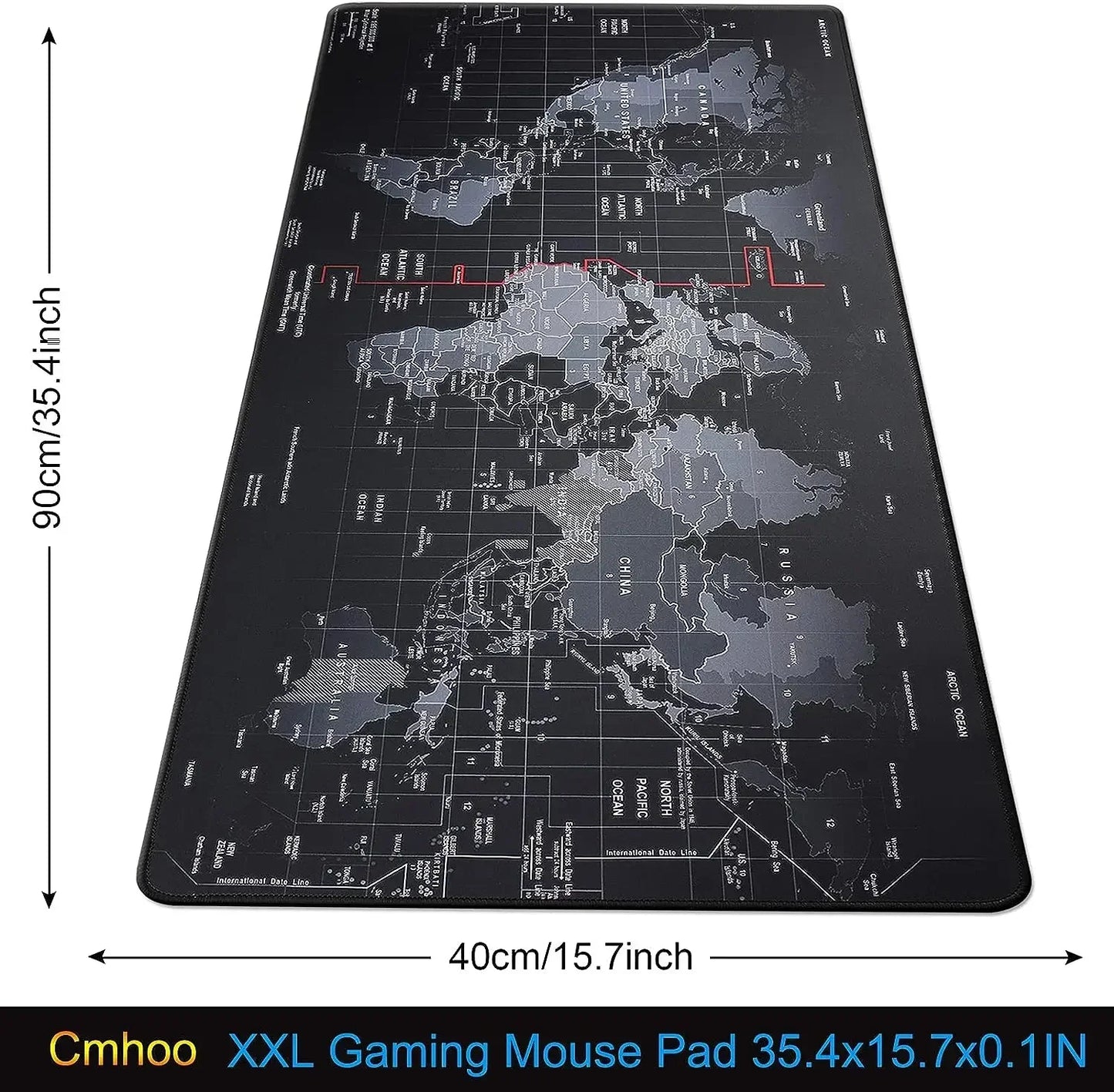 Gaming mouse pad with world map design and dimensions displayed