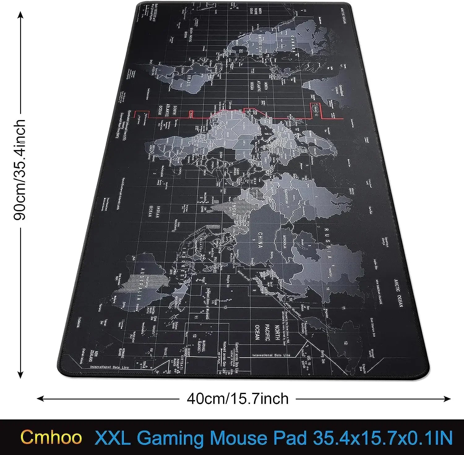 Gaming mouse pad with world map design and dimensions displayed