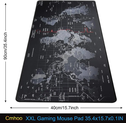 Gaming mouse pad with world map design and dimensions displayed