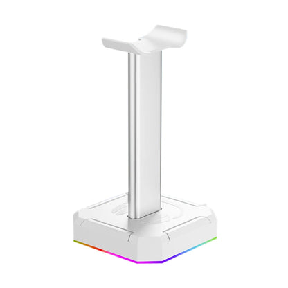 White gaming headset stand with RGB lighting on a white background