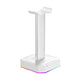 White gaming headset stand with RGB lighting on a white background