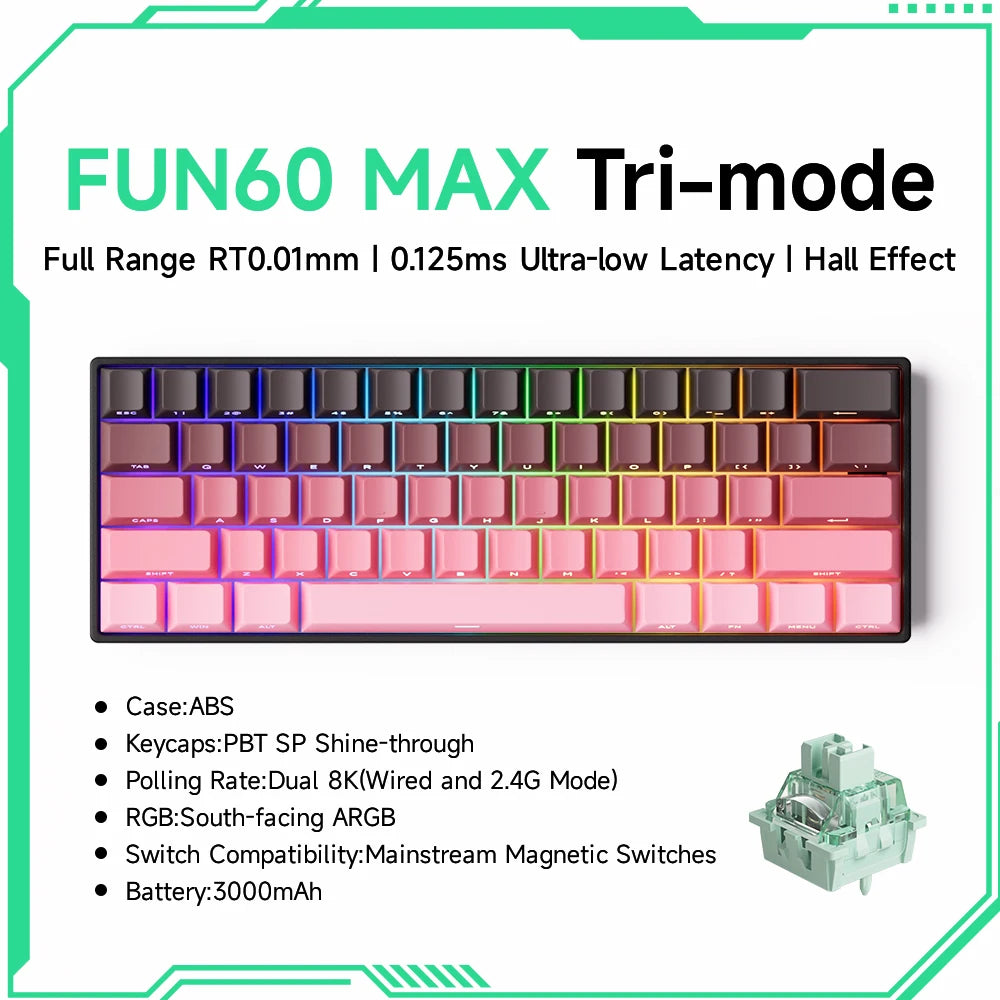 Keyboard with colorful keycaps and technical specifications on a white background