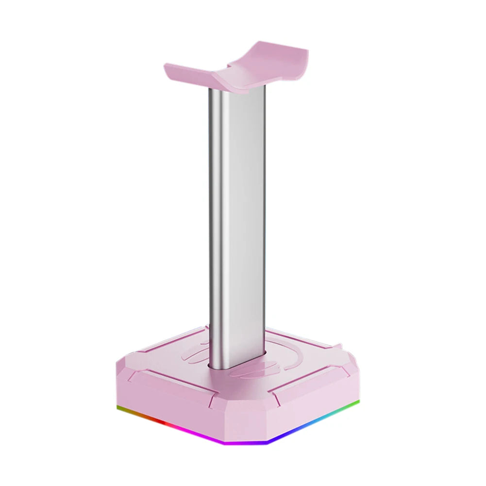 Pink and silver stand with RGB lighting on a white background