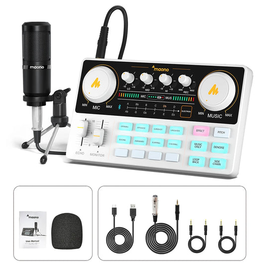 Music production setup with microphone, control panel, and cables on a white background
