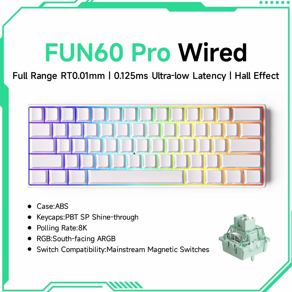 Keyboard with colorful keycaps on a white background, featuring text about its features.