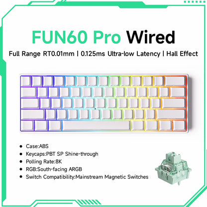 Keyboard with colorful keycaps on a white background, featuring text about its features.