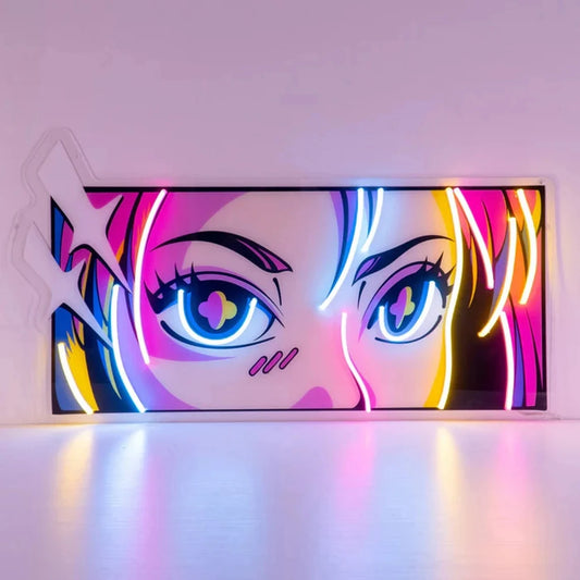 Neon sign with an anime-style face design on a white wall.